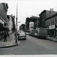 B+W photo of view east on First Street from Park Avenue, Hoboken, n.d., ca. 1965-1969.