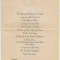 Invitation: First Solemn Mass by the Rev. Thomas G. Smith, Church of Our Lady of Grace, Hoboken, May 6, 1945.