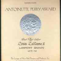 Certificate: Tony Award nomination, Author Best Play, 1975-1976, to Louis LaRusso, II, "Lamppost Reunion", (N.Y., 1976.)