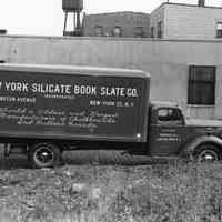 Digital image of B+W photo of a N.Y. Silicate Book Slate Company truck parked; Hoboken plant, 631 Monroe St., Hoboken, no date, ca. 1950.