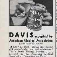 Ad, Davis Baking Powder: Only Full Strength baking powder is Sure-Raising.. By R.B. Davis Co., Hoboken; in Hygeia, Dec. 1932.