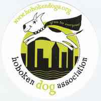 Printed self-adhesive round decal with logo of the Hoboken Dog Association, Hoboken, no date, ca. 2000-2004.