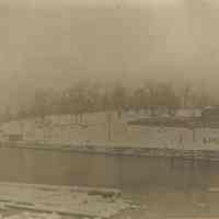 Sepia-tone photo of Stevens Castle and River Walk in winter looking southeast, Hoboken, no date, ca. 1890.