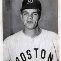 B+W photo of Hoboken native Leo Kiely in Boston Red Sox baseball uniform, n.p., n.d., ca. 1954-1959