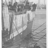 B+W photo of the port side view toward stern of unknown ship, Hoboken, no date, ca. 1940.