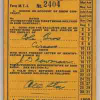 Ticket: D.L & W. R.R., $15.00 Show Scrip Ticket. Issued to Cole Bros. Circus. N.Y., Apr. 28, 1942.