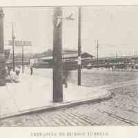 Printed B+W photograph of Entrances to Hudson Tunnels, Hoboken, ca. 1908.