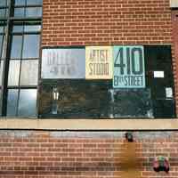 Color photo of 3 signs at 410 8th St.: Gallery 410, Artist Studio, 410 8th Street, Hoboken, Jan. 3 & 4, 2002.