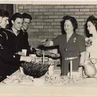 B+W photo of women serving punch to Coast Guard members at Hoboken Y.M.C.A. dance, Hoboken, n.d., ca. 1942-1945.