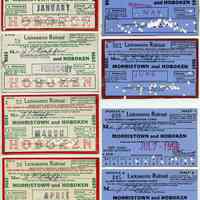 Tickets, transportation, 8: Delaware, Lackawanna & Western R.R. Unlimited or Restricted Monthly or Weekly Commutation Ticket between Morristown & Hoboken, for Jan. to July, 1955.
