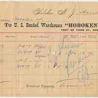 Receipts from Hoboken Stores, Bonded Warehouses, Foot of 3rd St., Hoboken, N.J., March 1889.