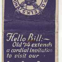 Matchbook from Elks Club, 1005 Washington St., Hoboken, N.J., no date, ca. 1950.