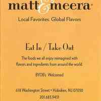 Menu: Matt & Meera. 618 Washington St., Hoboken. N.d., ca. Sept. 2012.