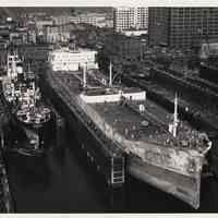 B+W aerial photo of tanker M.V. Dan Boström & freighter Overo in drydock, Bethlehem Steel Hoboken Shipyard, 1969.