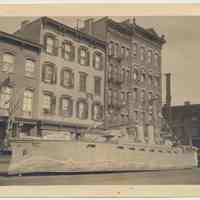 B+W photo of World War I Liberty Bond ship float at Washington & 6th Sts., Hoboken, n.d, ca. June-Aug. 1918.