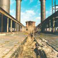          Digital image of color photo on the exterior roof with smokestacks of the former Hudson & Manhattan Rail Road powerhouse, Jersey City, March, 2000. picture number 1
   