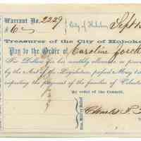 Digital image: New Jersey Relief Warrant, No. 2249, City of Hoboken, Sept. 13, 1864; payable to Caroline Jaeckler. Signed by Mayor Charles T. Perry.