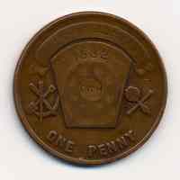 Masonic penny: One Penny. Pentalpha Chapter No. 11, R.A.M., Chartered Sept. 21, 1860, Hoboken, N.J. Issued to Charles W. Helmers, 1882.