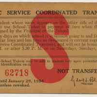 Student pass for Public Service Coordinated Transport, Donald Eisen, Stevens Hoboken Academy, 1953-1954.