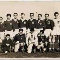 B+W photo of a Hoboken Football (soccer) Club team with coaches, Randalls Island, New York City (?), n.d., ca. 1945-1955.