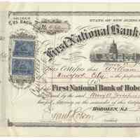 Stock certificate: First National Bank of Hoboken, 10 shares, $25 each, issued to Mary A. Goodspeed as Executrix of William B. Goodspeed, May 26, 1900