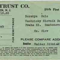Receipt from Steneck Trust Company for transfer of funds, Hoboken to Czechoslovakia, Hoboken, August 22, 1927.