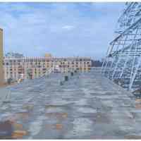 Color photo of back of Maxwell House Coffee sign support structure and rooftop, Hoboken, n.d, ca. 2000.