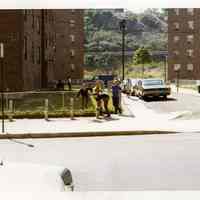 Color photo of exterior of Andrew Jackson Gardens, 314 & 320 Harrison St., Hoboken, n.d., ca. 1968-1972.