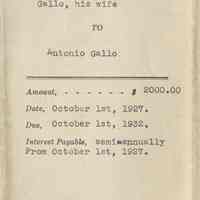 Digital images of Oct. 1, 1927 bond by Raffaele and Pasqualina Gallo (of Hoboken) to Antonio Gallo in the amount of two thousand dollars.