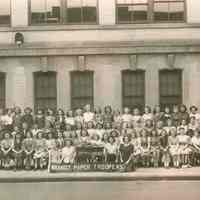 B+W photo of the Brandt Paper Troopers posed outside their school, Hoboken, no date, ca. 1943-45.