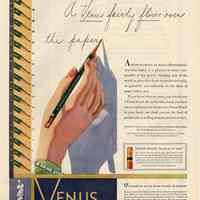 Ad: Venus Pencils, A Venus fairly flows over the paper. American Pencil Co., Venus Building, Hoboken; Sat. Evening Post, Aug. 16, 1930.