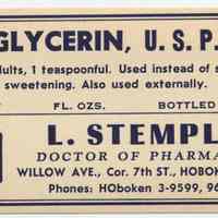 Printed label for medicine container, Glycerin, U.S.P., from Stemple Pharmacy, 266 Seventh St., Hoboken, no date, ca. 1940.