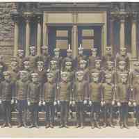          Black-and-white panoramic goup photo of Stevens Cadets posed outside a Stevens Institute of Technology building, Hoboken, no date, ca. 1910. picture number 1
   