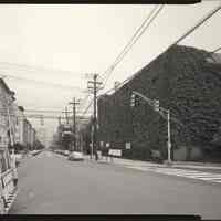 B+W photo of former Maxwell House Coffee plant exterior, overview looking north on Hudson St, Hoboken, 2003.