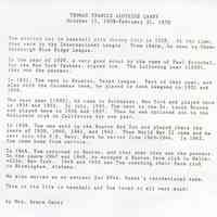 Baseball career of Tom Carey described by his widow, Mrs. Grace Carey, 1972, for the National Baseball Library, National Baseball Hall of Fame & Museum, Inc., Cooperstown, N.Y.