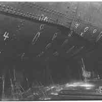 B+W photo of the keel of an unknown ship in dry dock with markings for repair, Hoboken, no date, ca 1940.