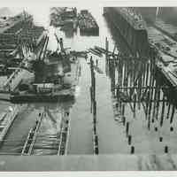 B+W photo of the construction of Pier 5 (formerly Pier 14) at the Bethlehem Steel Shipyard, Hoboken Division, January 30, 1957.