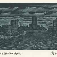 Print: The Lower Hudson River from the Erie-Lackawanna Pier in Hoboken. A Wood Engraving by John De Pol, A.N.A. 1975.