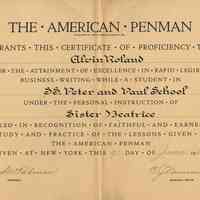 Certificate of penmanship proficiency awarded to Alvin Roland, Saints Peter & Paul School, Hoboken, June 9, 1936.