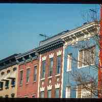          Color slide of close-up view of row house cornices at 629, 631, 633 and 635 Washington at the intersection of Washington & 7th looking N picture number 1
   