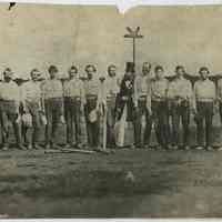 Sepia photo of the Knickerbocker Base Ball Club & Excelsior Base Ball Club plus umpire at Elysian Fields, Hoboken, NJ, Sept. 3, 1859.