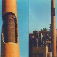 Color photo with two views of a damaged smoke stack at the Maxwell House Coffee plant, Hoboken, 1989.