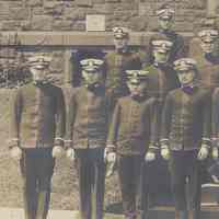          Black-and-white panoramic goup photo of Stevens Cadets posed outside a Stevens Institute of Technology building, Hoboken, no date, ca. 1910. picture number 2
   