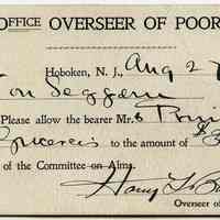 Vouchers, two, issued by the Overseer of Poor, City of Hoboken, for purchase of groceries by named bearers, Aug. 1900.