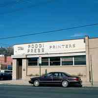 Color photo of the sign of the Poggi Press, Printers, 15th & Adams Sts., Hoboken, Jan.3 & 4, 2002. 4"x 6" prints.