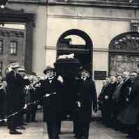 B+W copy photo of funeral procession outside the A.J. Volk Funeral Home, 631 - 633 Washington St., Hoboken, no date, ca. 1920.