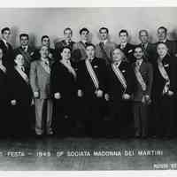 B+W group photo of 1949 Feast Committee Society of Madonna Dei Martiri, Hoboken, 1949.