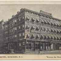 Postcard: Meyers Hotel, Hoboken, N.J. With reverse imprinting: Come to Hoboken and Meyers Hotel. Welcome the Fleet. N.d., probably June 1934.