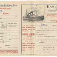 Passage order form for Hamburg-American Line, New York, circa 1890-1899.