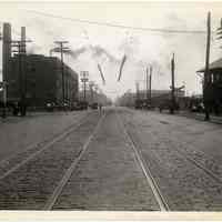 B+W photo looking south on Willow Ave. at 17th St.; streetcar tracks & freight rail crossing, Hoboken, n.d., (1927).